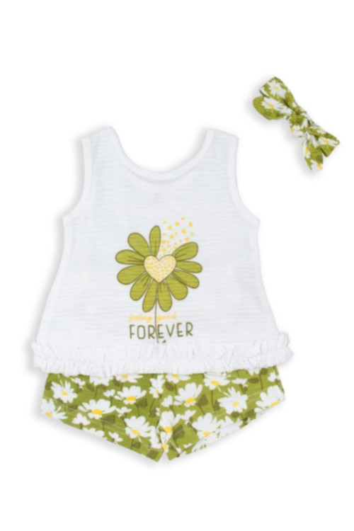 Conjunto 2p + Cinta Flores Verde