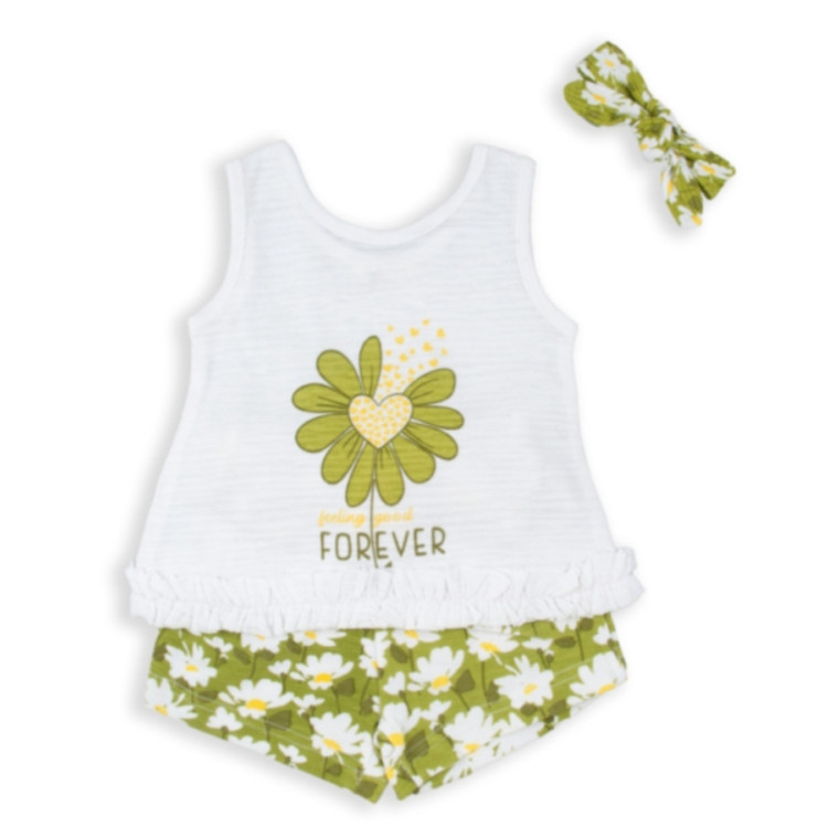 Conjunto 2p + Cinta Flores Verde