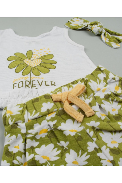 Conjunto 2p + Cinta Flores Verde